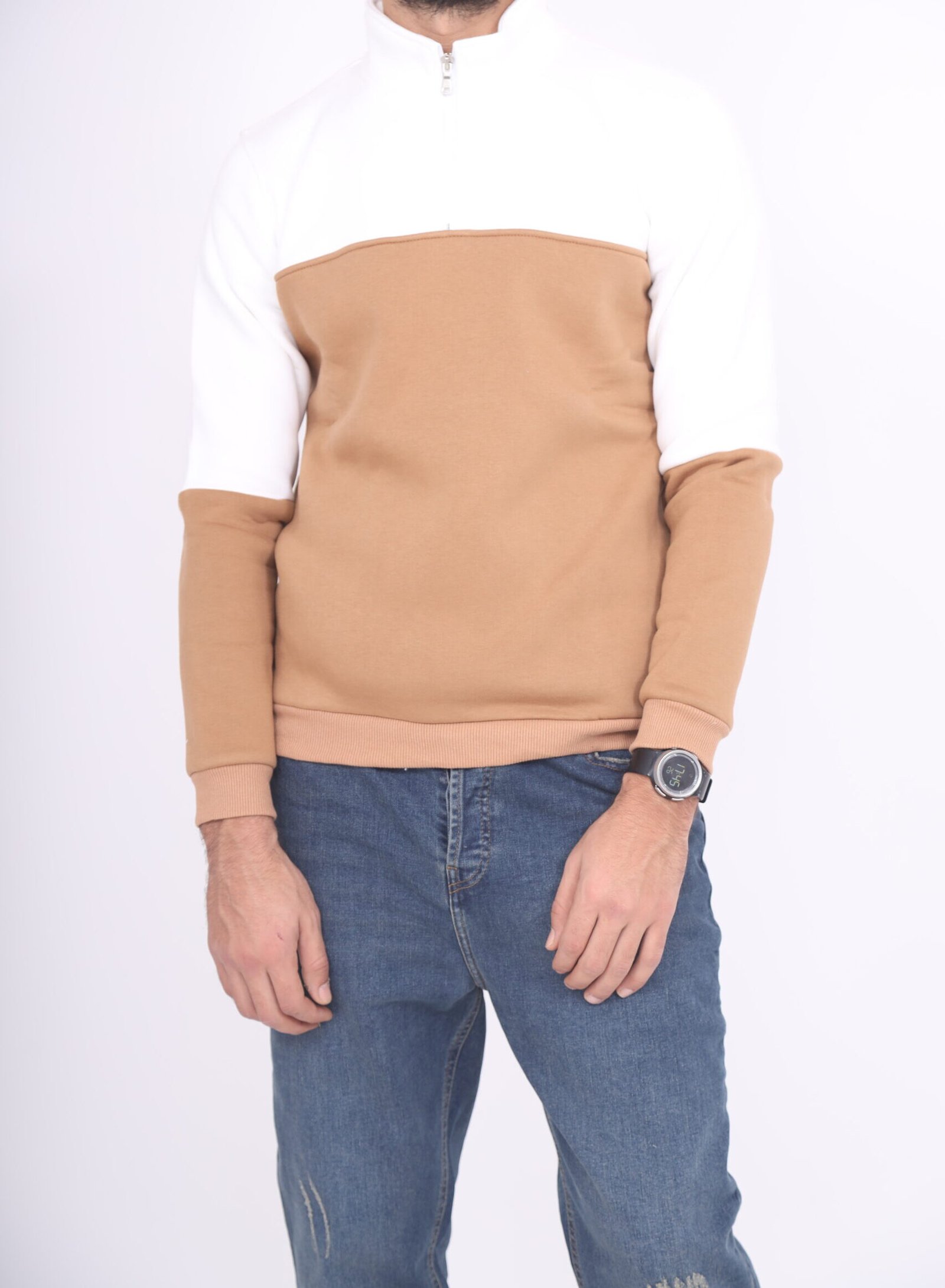 Sweat à col montant zippé beige